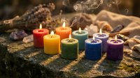 Seven chakra colored candles burning with smoke creating mystical atmosphere for meditation, spiritual healing, wellness practices and energy balancing rituals.