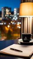 Black coffee cup with notebook and pen on table by window overlooking illuminated city skyline at dusk for business planning and productivity concepts.