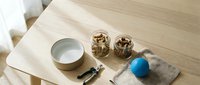 Overhead view of pet care supplies including empty ceramic bowl, two glass jars with dry food, blue toy ball, and grooming tools arranged on wooden surface for pet feeding and care setup.