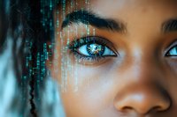 Close up of young African American woman's eye with digital matrix overlay effect in blue tones, representing artificial intelligence and technology concept.
