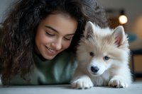 Young mixed-race woman with curly hair smiling while bonding with adorable fluffy white puppy indoors. Heartwarming pet ownership and companionship moment.