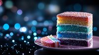 Colorful rainbow layer cake slice with sparkly sugar coating on dark background with blue bokeh lights and magical glitter effect. Festive dessert photography.