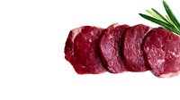 Fresh raw beef tenderloin slices with rosemary herb on white background. Premium red meat cuts for cooking, grilling and culinary preparations.