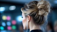 Young Caucasian woman with blonde messy bun hairstyle and wireless earbuds looking away against blurred bokeh background in urban setting.