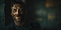 Middle-aged Caucasian man with weathered face and beard smiling warmly in dramatic lighting. Portrait photography with shallow depth of field and bokeh background.