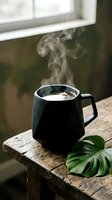Steaming hot coffee in black mug on rustic wooden table with tropical monstera leaf creating cozy morning atmosphere by window for cafe branding.
