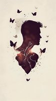 Male profile silhouette with anatomical heart outline and butterflies in dark burgundy tones against light background, artistic double exposure effect creates dreamy mood.