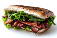 Fresh bacon lettuce tomato sandwich on toasted bread with crispy strips and green salad leaves against white background, close up view of classic BLT.