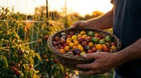 Farmer holding wicker basket full of colorful fresh tomatoes in organic garden during golden hour sunset harvest time.