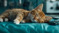 Cute ginger tabby kitten sleeping peacefully on a teal veterinary exam table with a stethoscope nearby in a clinic.