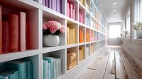 Modern library with color coordinated books arranged on white shelves, pink roses in vase, wooden floor, bright interior design for home organization and reading space.