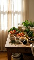 Fresh organic vegetables, herbs and legumes arranged on rustic wooden table in warm natural kitchen light for healthy cooking and meal preparation.