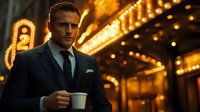 Caucasian businessman in dark suit holding coffee cup against illuminated theater marquee background at night, creating atmospheric urban evening scene.