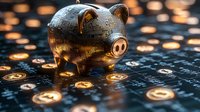 Metallic piggy bank surrounded by glowing cryptocurrency symbols on dark digital surface with bokeh lights, representing financial technology and digital savings.