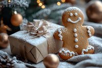 Festive gingerbread man cookie with smiling face next to wrapped Christmas present dusted with powdered sugar, pine branches and golden ornaments in soft bokeh.