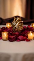 Golden ornate anatomical heart sculpture surrounded by red rose petals and glowing candles creating romantic atmosphere for wedding or Valentine's Day decor.