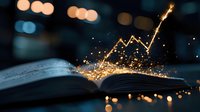 Magical glowing line chart emerges from open book pages with sparkling light particles against dark background, creating mystical storytelling atmosphere.