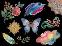 Watercolor boho clipart set with butterfly, mandala, floral elements, feather, and paint splashes, isolated on transparent background, ready for stickers, sublimation, and t-shirt design.