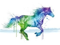 Watercolor horse silhouette in vibrant blue green purple hues with paint drips and splatters running galloping motion artistic style for creative projects.