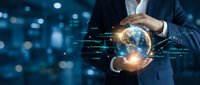 Businessman hands protecting glowing digital earth globe with network connections representing global business technology and environmental protection.