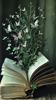 Magical open book with butterflies and green plant growing from pages creating surreal literary garden scene for creative storytelling concepts.