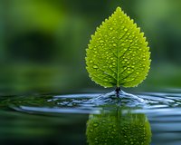 Fresh green leaf with water drops standing upright on rippled water surface with mirror reflection against blurred natural background. Zen-like nature concept.
