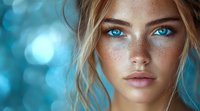 Young Caucasian woman with intense blue eyes, freckles, and blonde hair against blurred turquoise background. Natural beauty portrait with soft bokeh lighting effect.