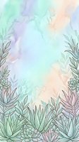 Pastel watercolor background with succulent and botanical line art border, soft mint, lavender and peach tones, for cards, posters and social media.