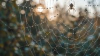 Spider web with morning dew drops glistening in soft sunlight, creating intricate patterns. Natural macro photography showcasing delicate silk strands and water droplets.