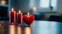 Red heart-shaped candle glowing with romantic candlelight alongside tall red pillar candles, scattered rose petals on dark table surface in moody evening atmosphere.