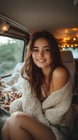Young Hispanic woman in cozy knit sweater smiling while relaxing in van with warm lighting and fairy lights, creating atmospheric autumn mood.