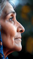 Close-up profile portrait of mature woman with silver hair and natural wrinkles showing genuine smile against blurred background, expressing joy and wisdom.