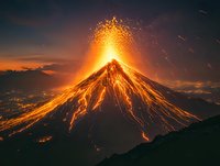Dramatic volcanic eruption at night with glowing lava flows and explosive sparks against dark sky, mountain peak spewing molten rock and ash in spectacular natural display.