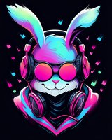 Cool rabbit in sunglasses and headphones with neon colors on black background, smiling character in cyberpunk style for gaming and music related designs.