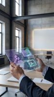 Businessman hands holding transparent tablet with glowing holographic interface icons in modern office workspace for digital transformation concepts.