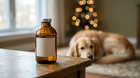 Amber medicine bottle with blank label on wooden table, golden retriever resting near Christmas tree in cozy home background.