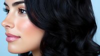 Young woman with flawless glowing skin, pink glossy lips, and flowing black wavy hair in profile view against blue background. Professional beauty and cosmetics concept.