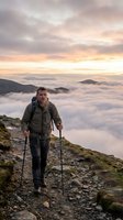 Male hiker with trekking poles ascending mountain trail above sea of clouds at sunrise, wearing backpack and outdoor gear for adventure and exploration.
