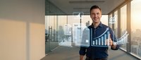Confident businessman presenting financial growth charts in modern office with city skyline view during golden hour sunlight.