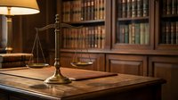 Brass scales of justice on wooden desk in traditional law library with leather-bound books. Legal consultation, attorney office, courtroom symbol concept.