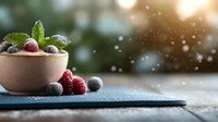 Fresh raspberries and blueberries in ceramic bowl with mint leaves on dark stone surface against blurred bokeh background with magical light effect.