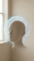 Neutral gender mannequin head with glowing neon circuit pattern overlay representing artificial intelligence, neural networks, and digital technology concepts for futuristic design projects.