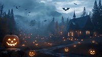 Glowing jack o'lanterns illuminate misty forest path leading to gothic church at dusk, with flying bats and mysterious atmosphere creating spooky Halloween scene.