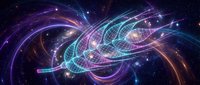 Glowing neon energy waves with swirling purple, cyan, and gold light trails flowing through dark space, creating dynamic abstract motion and futuristic visual effects for digital backgrounds.