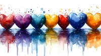 Colorful heart shapes in rainbow order with water reflection and dripping paint effect create romantic artistic composition. Watercolor style hearts float in line.