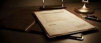 Employment contract document on wooden desk with vintage brass scale and fountain pen in warm lighting for legal and business concepts.