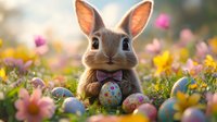 Adorable bunny rabbit sitting in colorful spring meadow with decorated Easter eggs among blooming flowers and soft sunlight for holiday celebrations.