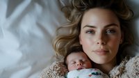 Young Caucasian mother lying with sleeping newborn baby on white bedding, wearing cozy knit sweater, intimate lifestyle moment captured in natural light.