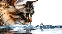 Long-haired tabby cat drinking water with splashes, close-up profile view against white background. Dynamic action shot captures water droplets and ripples in crystal clarity.