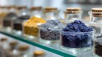 Natural colorful pigment powders in glass jars with cork lids on glass shelf, organic dyes and minerals in laboratory or cosmetic store setting.